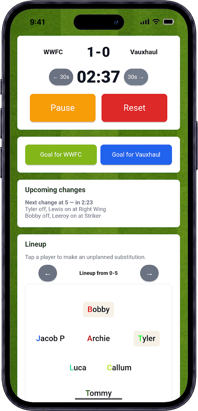 Live matchday console for grassroots football teams