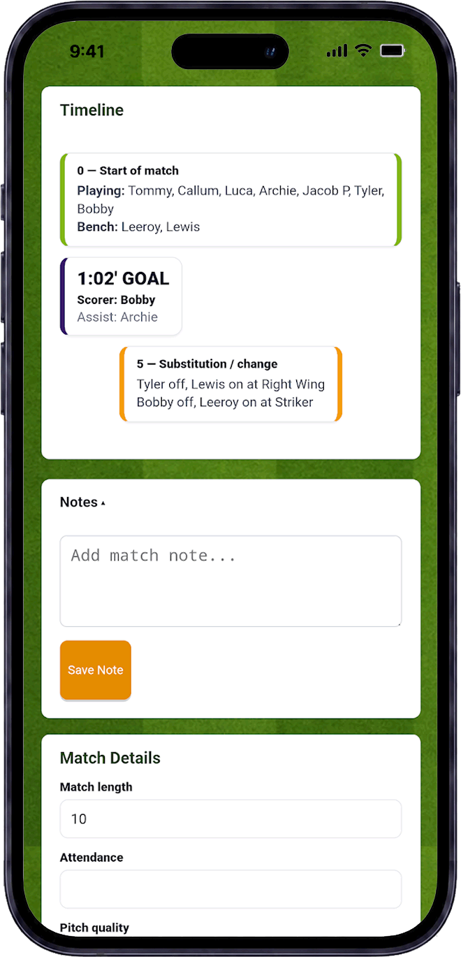 Grassroots football Matchday Live tools in the Pitch1 app