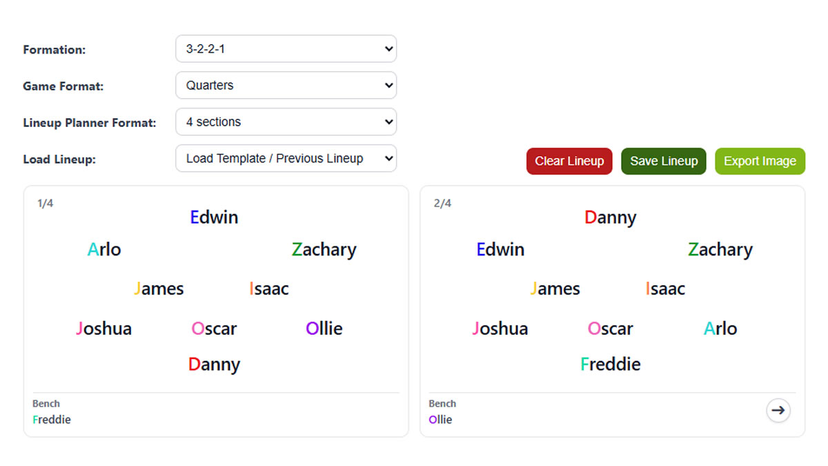 Pitch1 lineup planner and player minutes feature